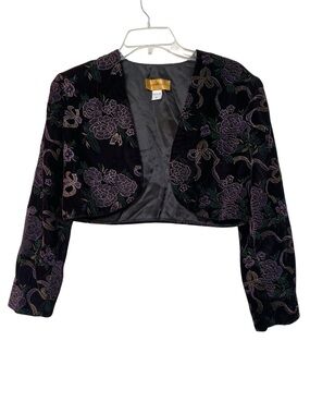 Scott McClintock Black Velvet Cropped Blazer Purple Green Metallic PM M Petite